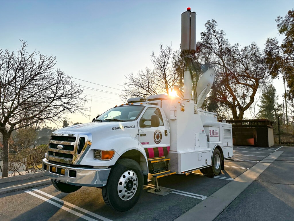 T-Mobile support vehicles deployed to aid connectivity efforts during the Jan. 2025 Los Angeles wildfires.